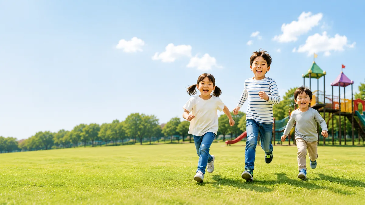芝生の広場を走る子どもたち